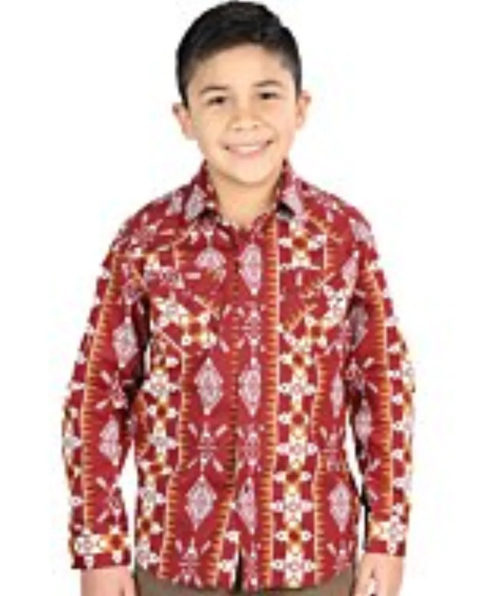 Camisa Vaquera para Niño en Color Vino con Estampado Geométrico en Blanco y Mostaza – El General 44509