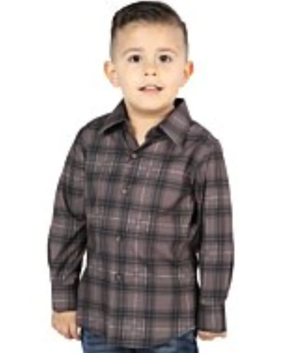 Boys’ Western Shirt in Moka-Olive Plaid, Long Sleeve Version – El General 44746