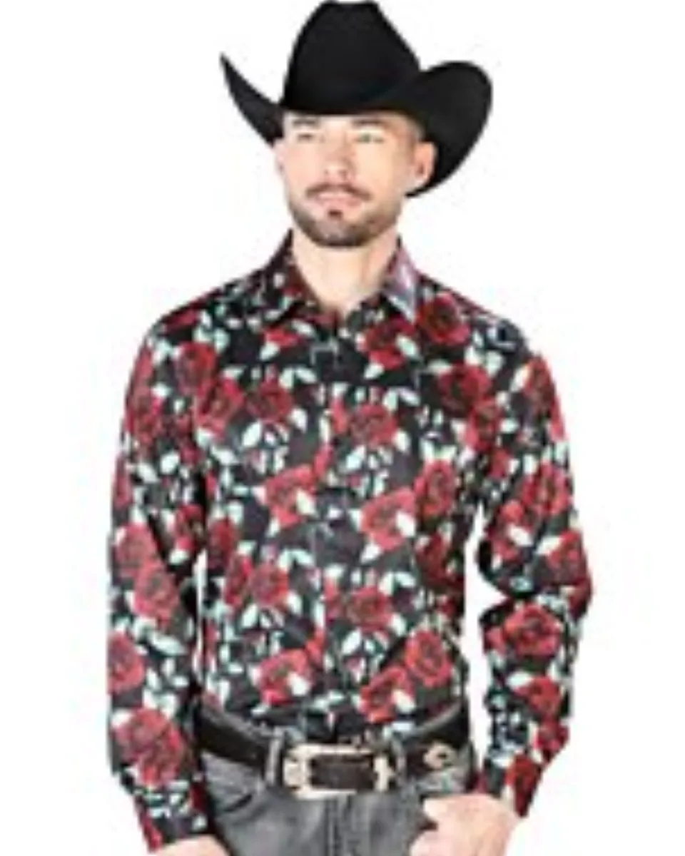 Camisa Casual ESDLC 43667 Negra Estampado Rosas Rojas