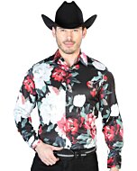 Camisa Casual ESDLC 43670 Negra Flores Rojas Y Blancas