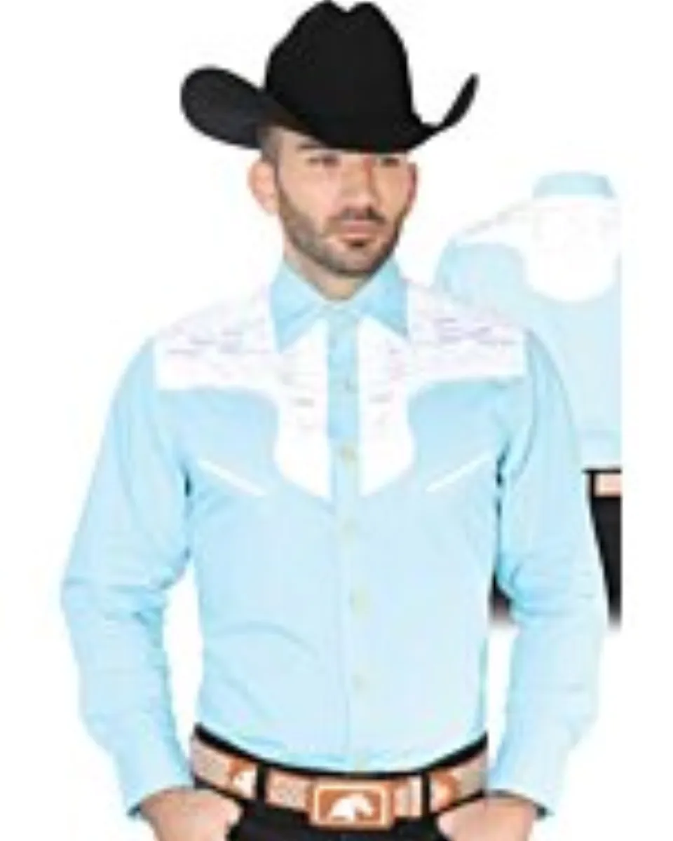 CAMISA CHARRA ANTE/BORDADA EL GENERAL 2019-129 COLOR AZUL CLARO