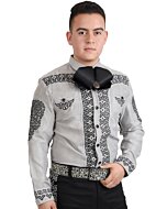 Camisa Charra Fina De Gamuza Color Gris Bordado Negro WD 11-804