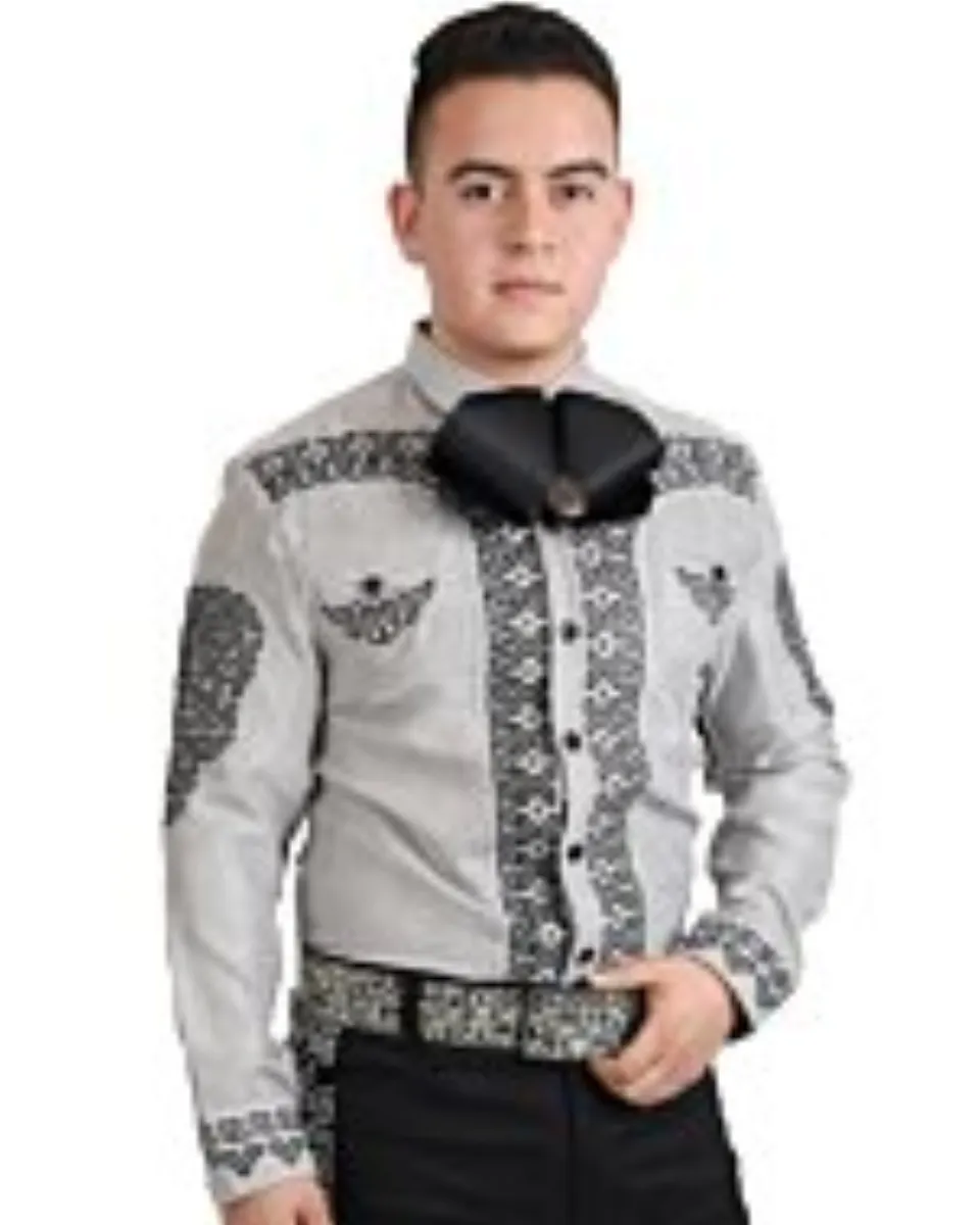 Camisa Charra Fina De Gamuza Color Gris Bordado Negro WD 11-804