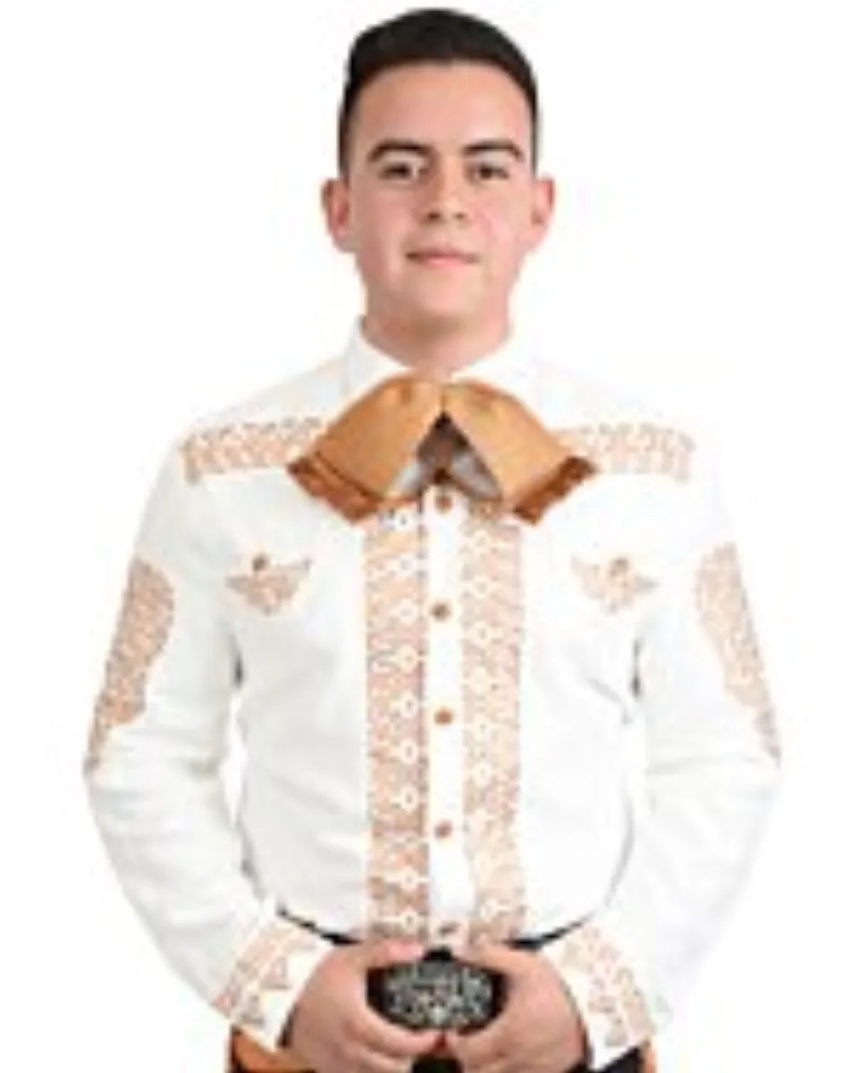 Camisa Charra Blanca Fina De Gamuza Bordado Color Miel WD 11-807