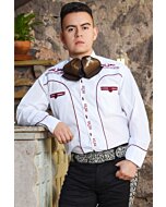 Camisa Charra Tradicional Blanco Con Vivos Color Vino WD 11-832