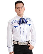 Camisa Charra Tradicional Color Blanco Con Azul WD 11-834