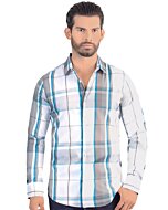 Vista frontal de la Camisa de Manga Larga con Cuadros Azul y Gris para Hombre - Corte Moderno - Lamasini 3016.