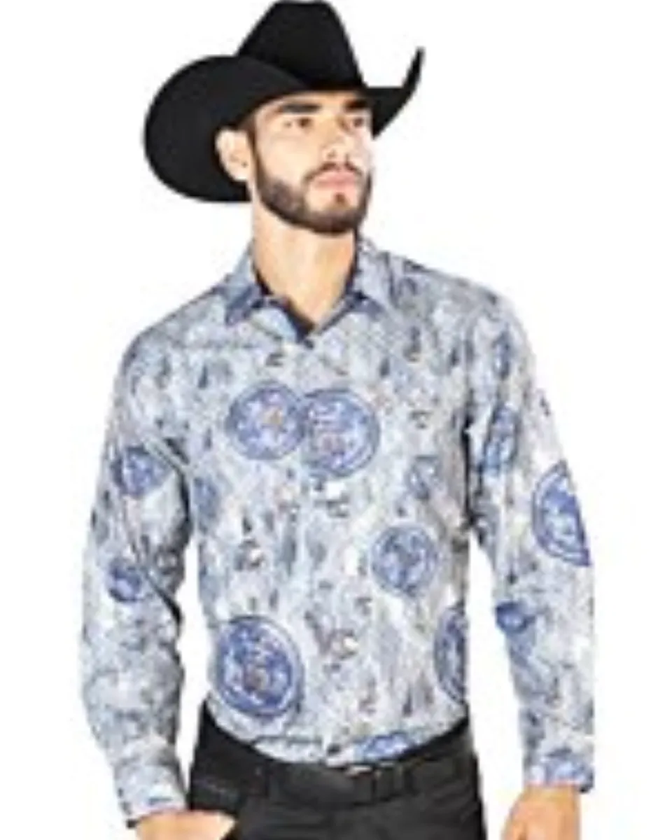 Camisa Fina Estampada El Señor De Los Cielos 43823 Clor Gris-Azul