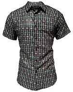 Camisa Montero 0456 Color Negro con Patrones Intrincados en Turquesa y Beige, Opción de Manga Corta