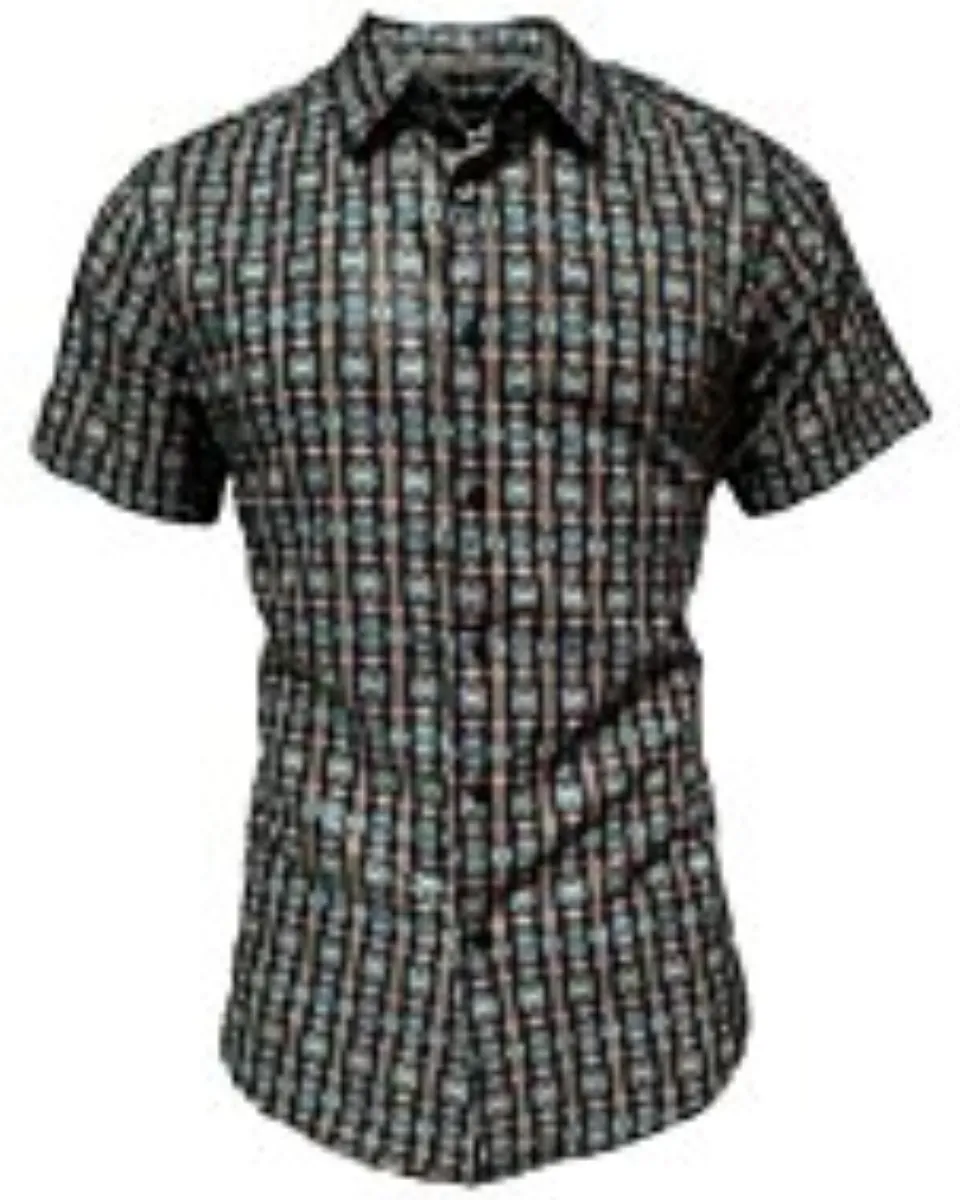 Camisa Montero 0456 Color Negro con Patrones Intrincados en Turquesa y Beige, Opción de Manga Corta