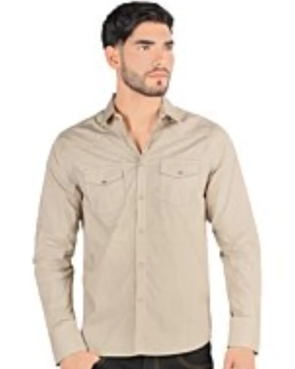 Montero 3301 camisa beige de manga larga para hombre con patrón de lunares negros, botones a presión y bolsillos en el pecho