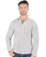 Montero 3301 camisa blanca de manga larga para hombre con patrón de lunares negros y bolsillos en el pecho