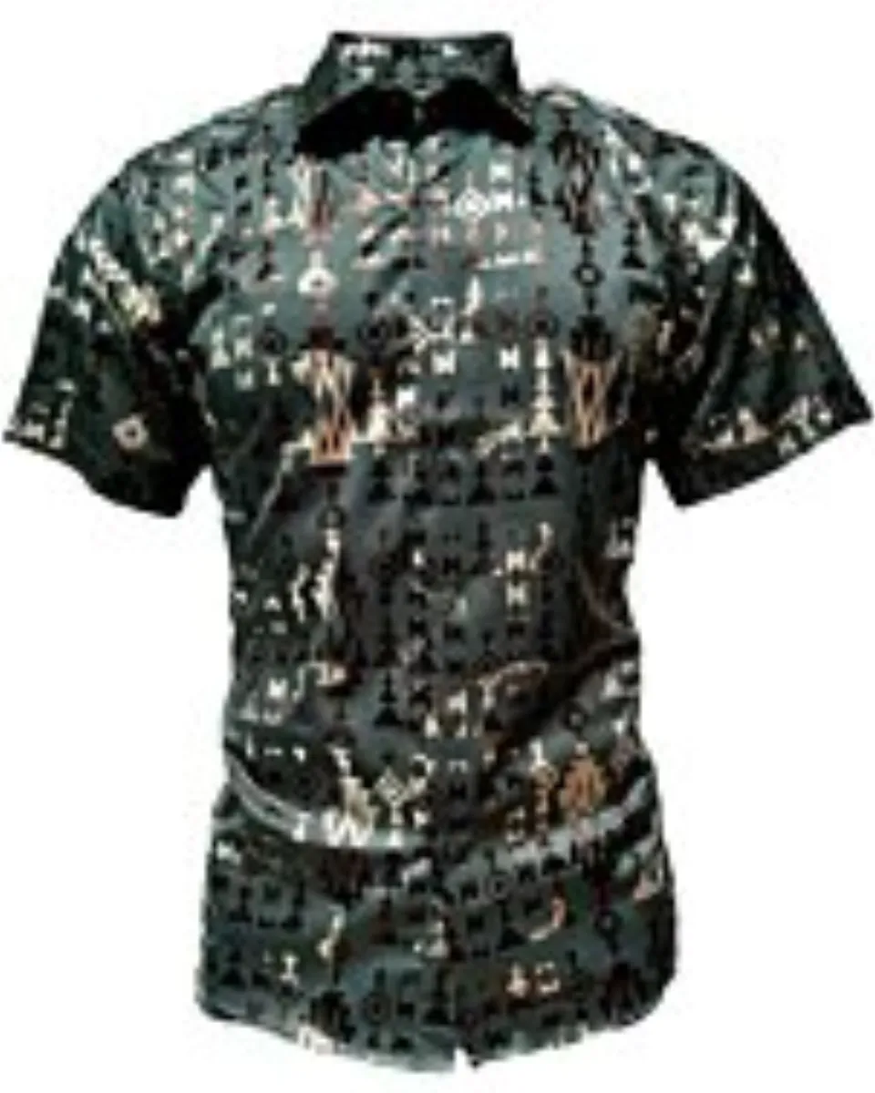 Montero 0807 men's green short sleeve shirt with black and gold geometric patterns