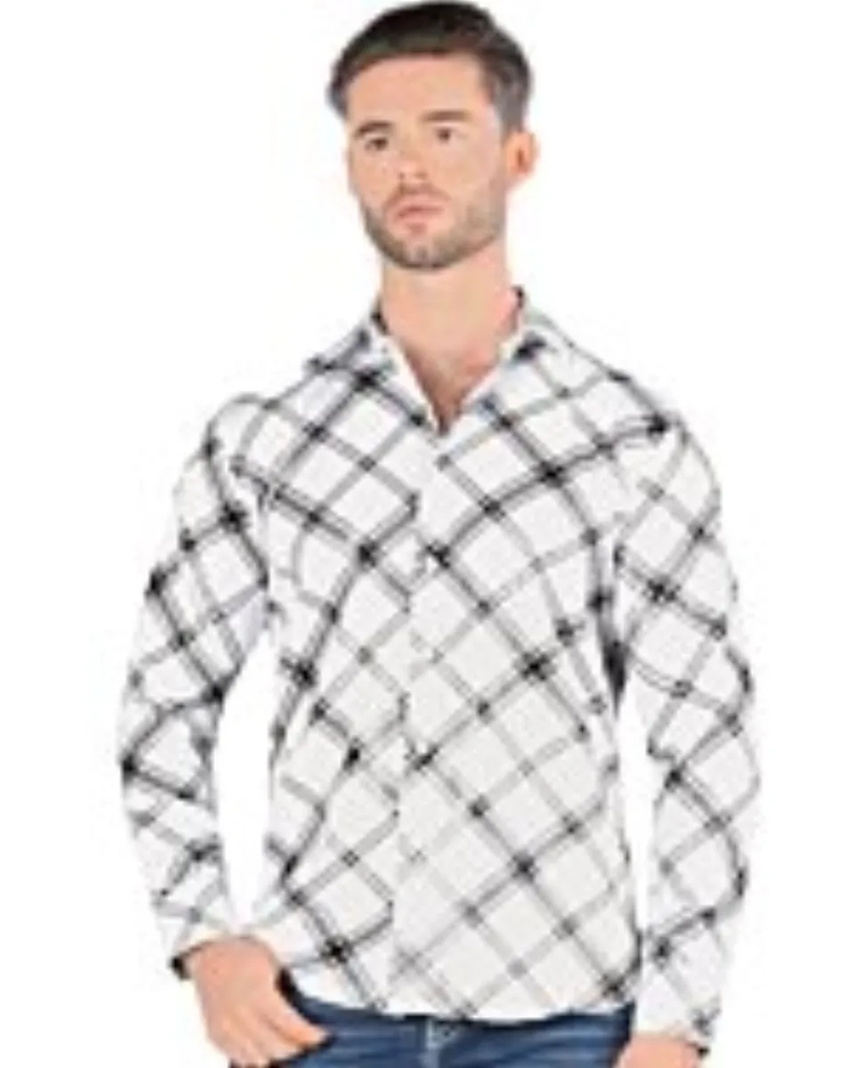 Montero 0811 camisa blanca de manga larga para hombre con patrón de cuadros negros