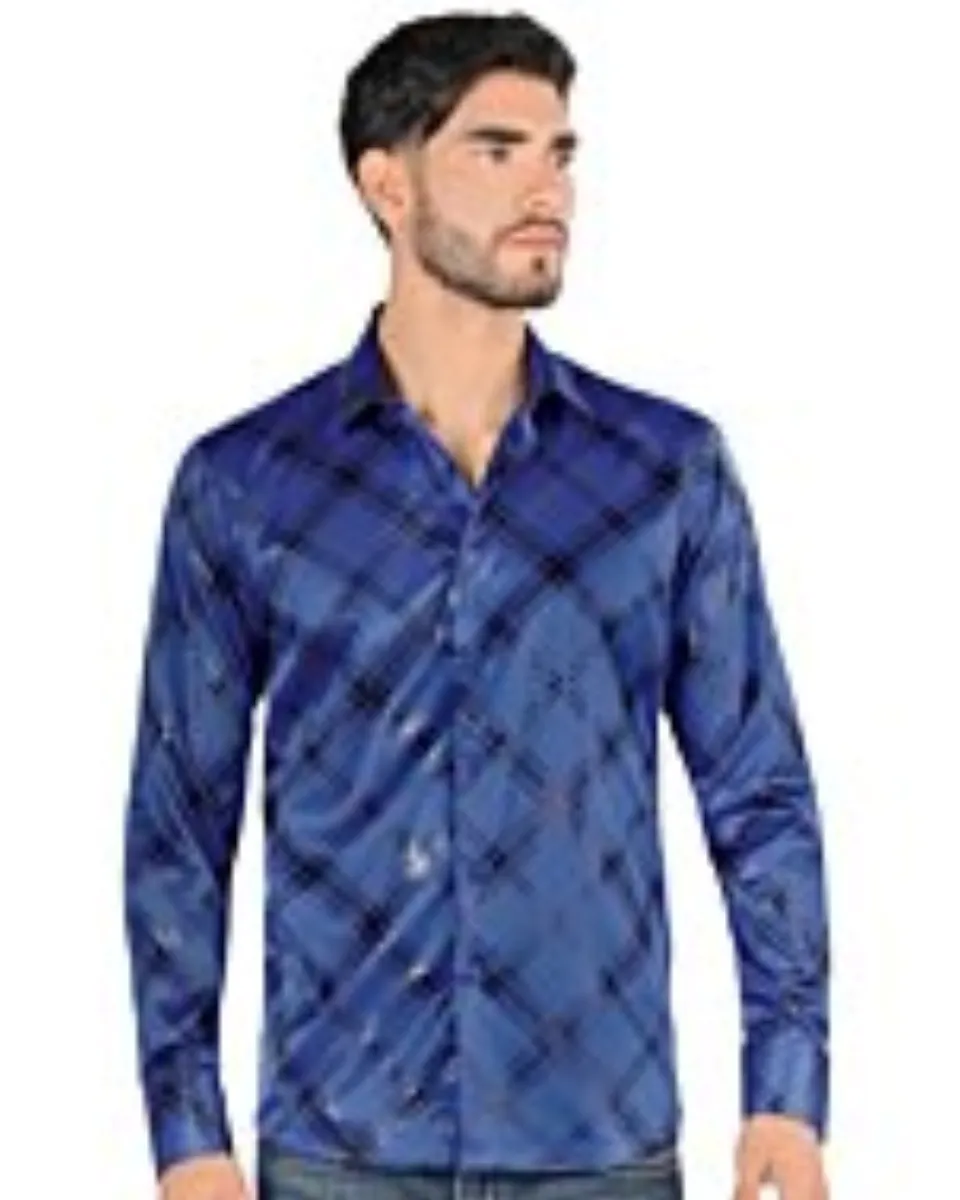 Montero 0811 camisa azul rey de manga larga para hombre con patrón de cuadros