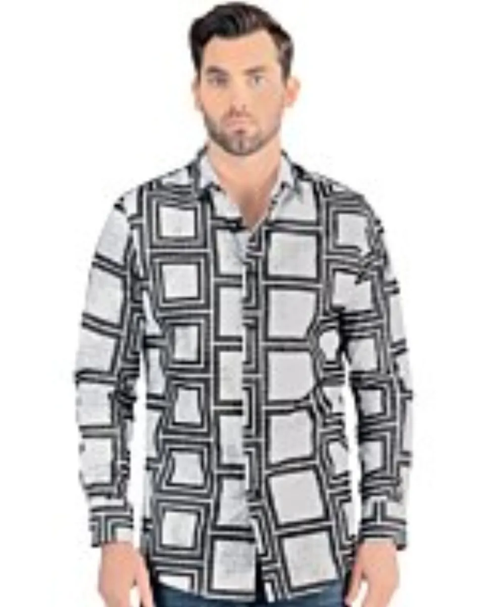 Model wearing Men's Geometric Print Long Sleeve Shirt - Lamasini 0110, featuring a modern fit and bold black and white geometric pattern.