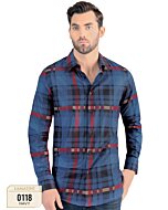 Model wearing Men's Navy Plaid Shirt - Lamasini 0118, long sleeve version.