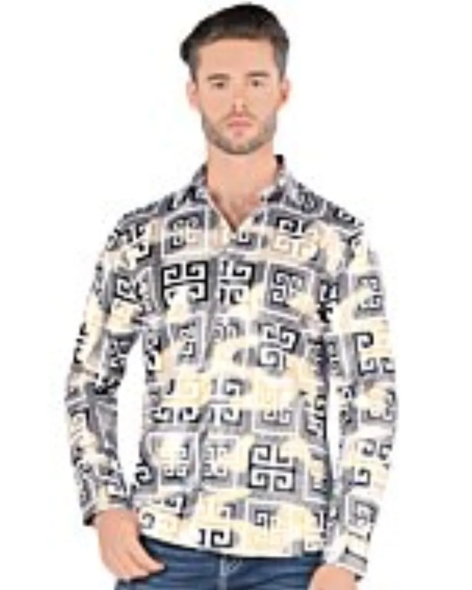 Montero 0799 camisa blanca de manga larga para hombre con patrón geométrico en negro, blanco y dorado