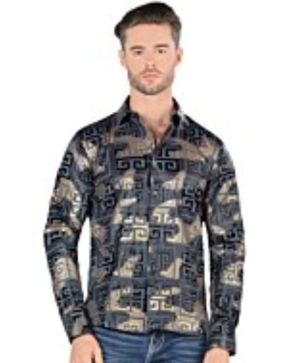Montero 0799 men's grey long sleeve shirt with black, grey, and gold geometric pattern