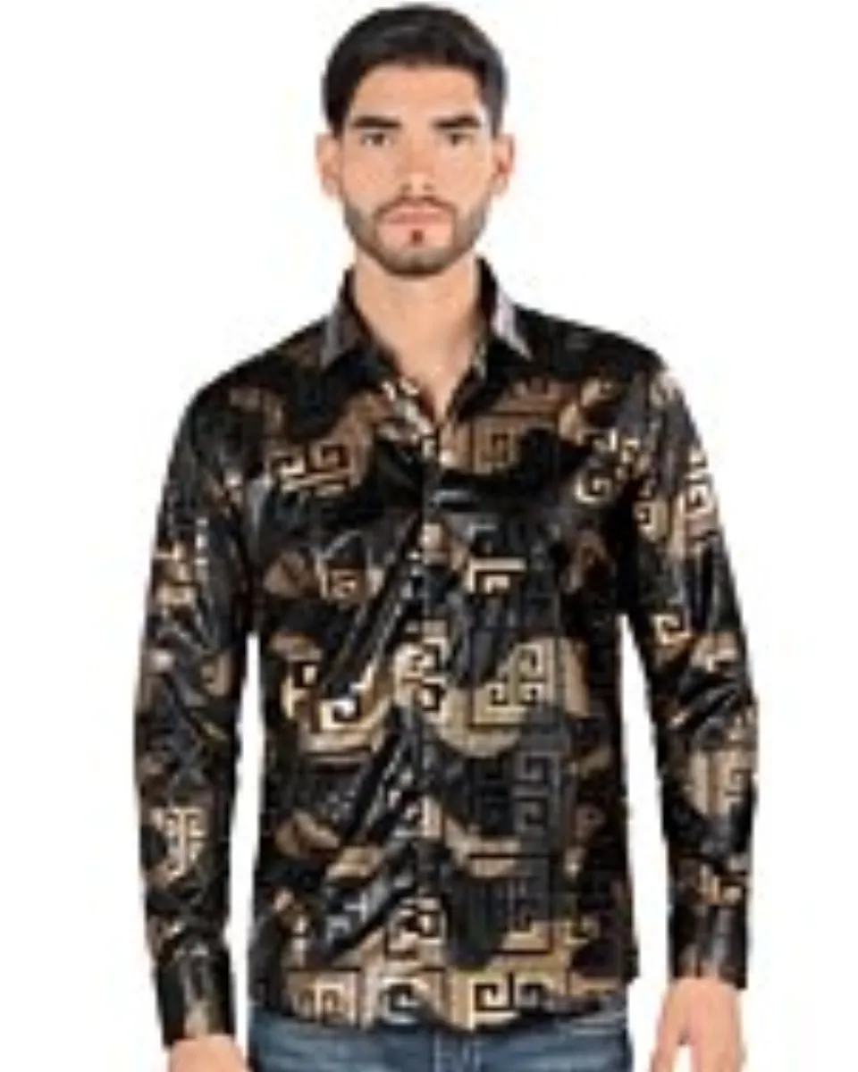 Montero 0799 camisa negra de manga larga para hombre con patrón geométrico en negro y dorado