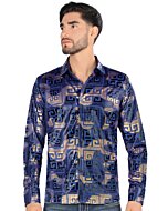 Montero 0799 men's royal blue long sleeve shirt with gold and blue geometric pattern
