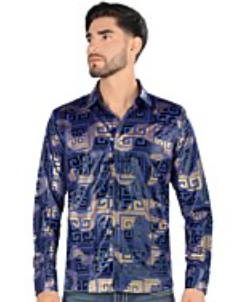 Montero 0799 men's royal blue long sleeve shirt with gold and blue geometric pattern