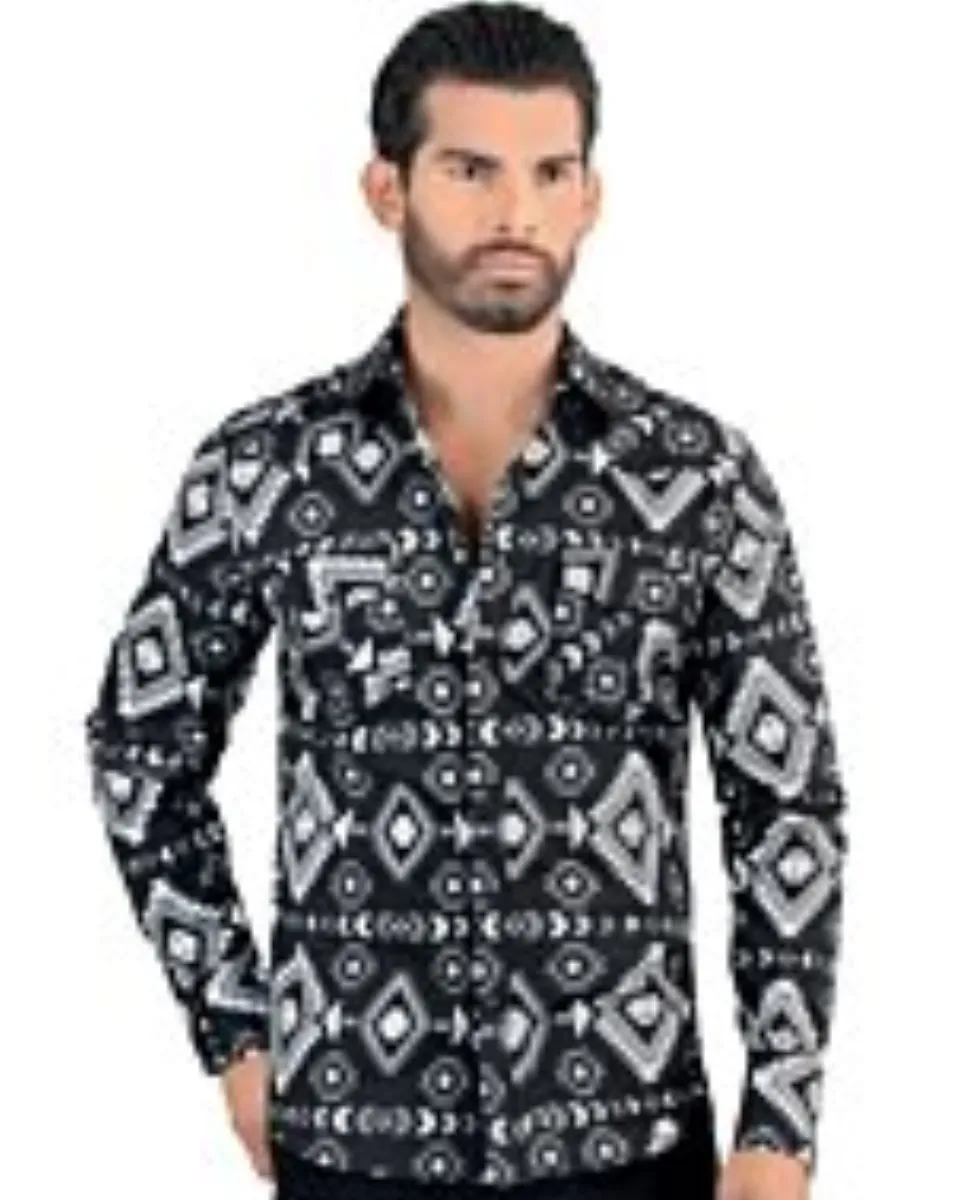 Men's Black Geometric Pattern Long Sleeve Shirt Lam 0104