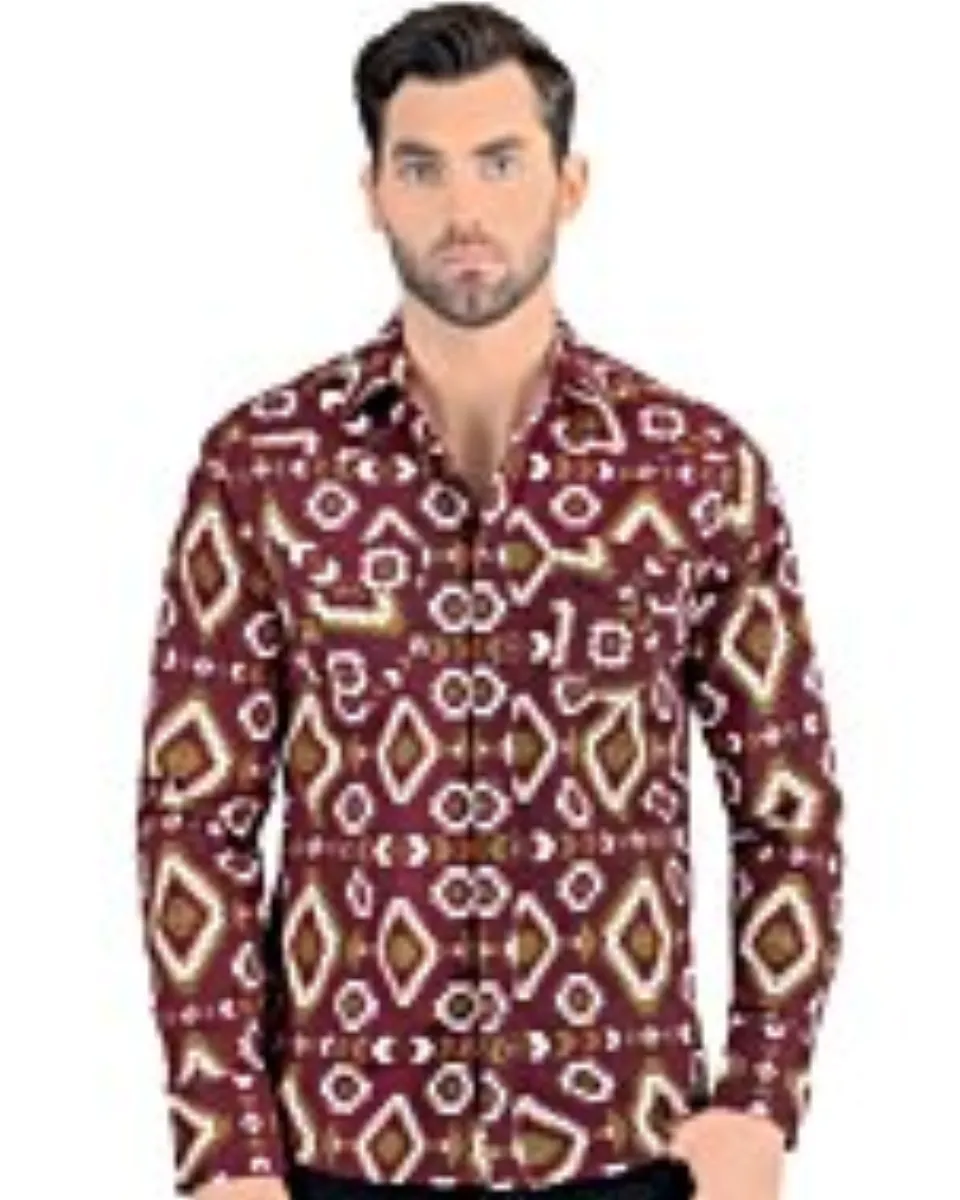Men's Maroon Geometric Pattern Long Sleeve Shirt Lam 0104
