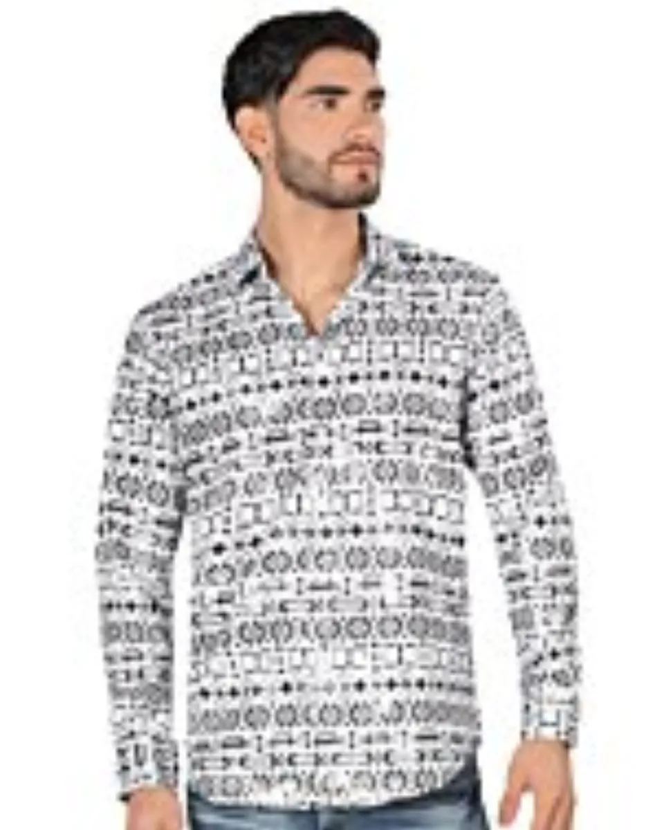 Montero 0451 Long Sleeve White Men's Shirt with Black Geometric Patterns