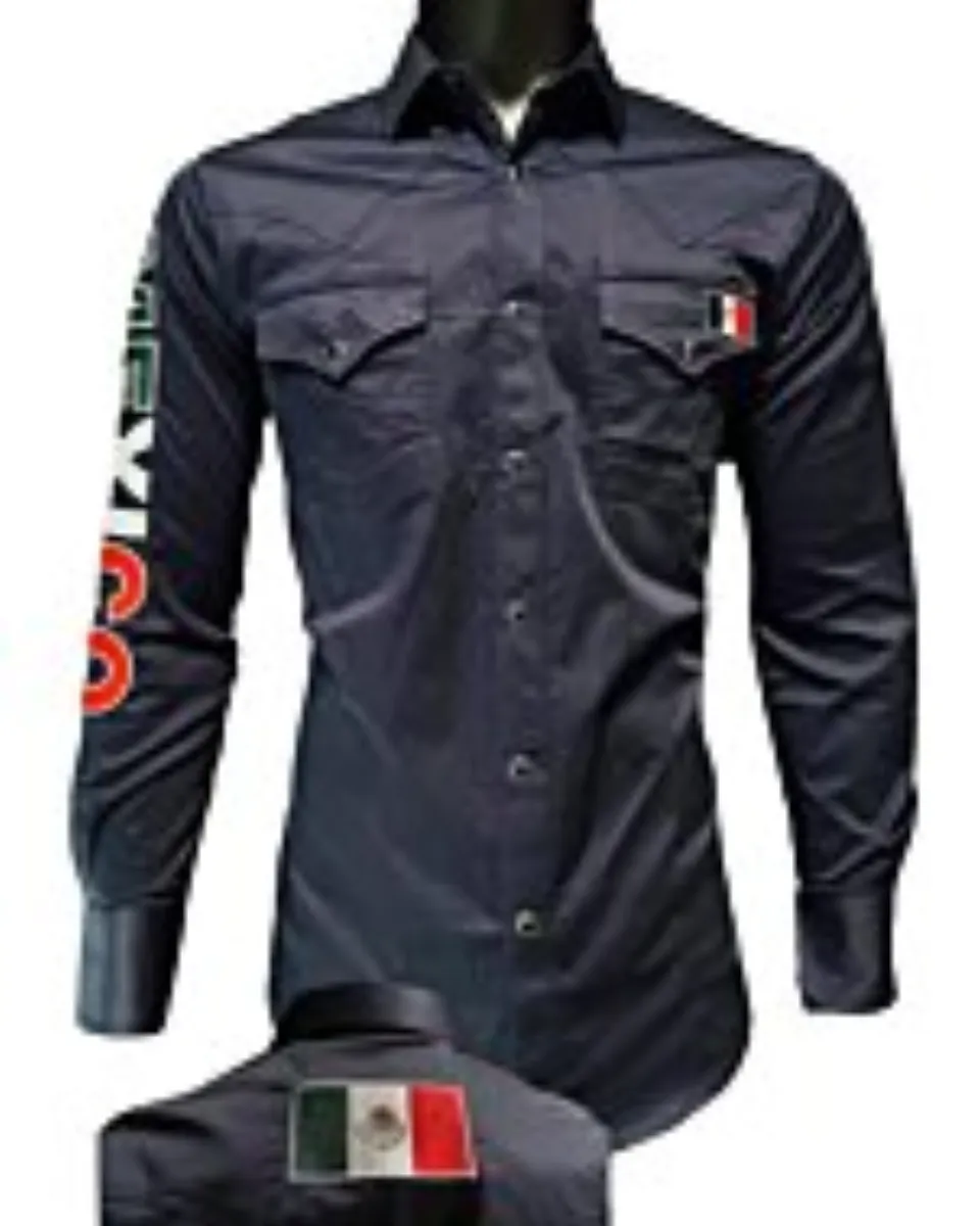 Navy Blue Western Shirt with Mexican Flag Detail, Long Sleeve, Montero 0459