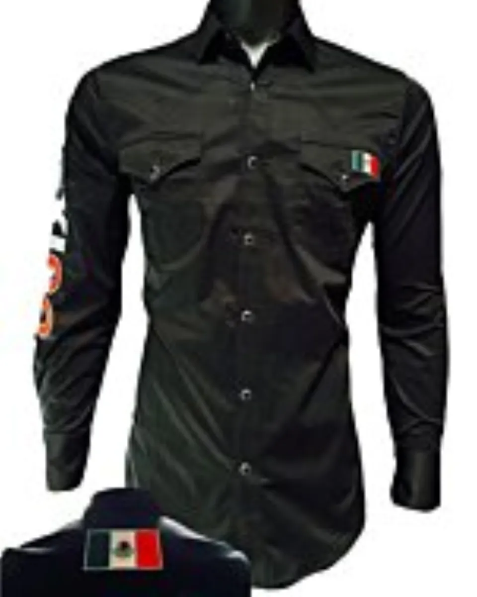 Montero 0459 Black Shirt with Mexico Embroidery on Sleeve and Chest Pocket