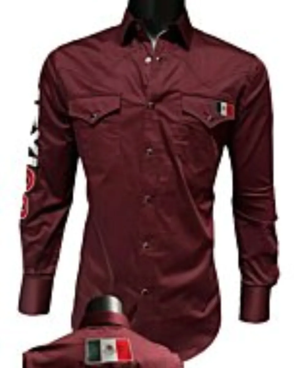 Burgundy Western Shirt with Mexican Flag Detail, Long Sleeve, Montero 0459