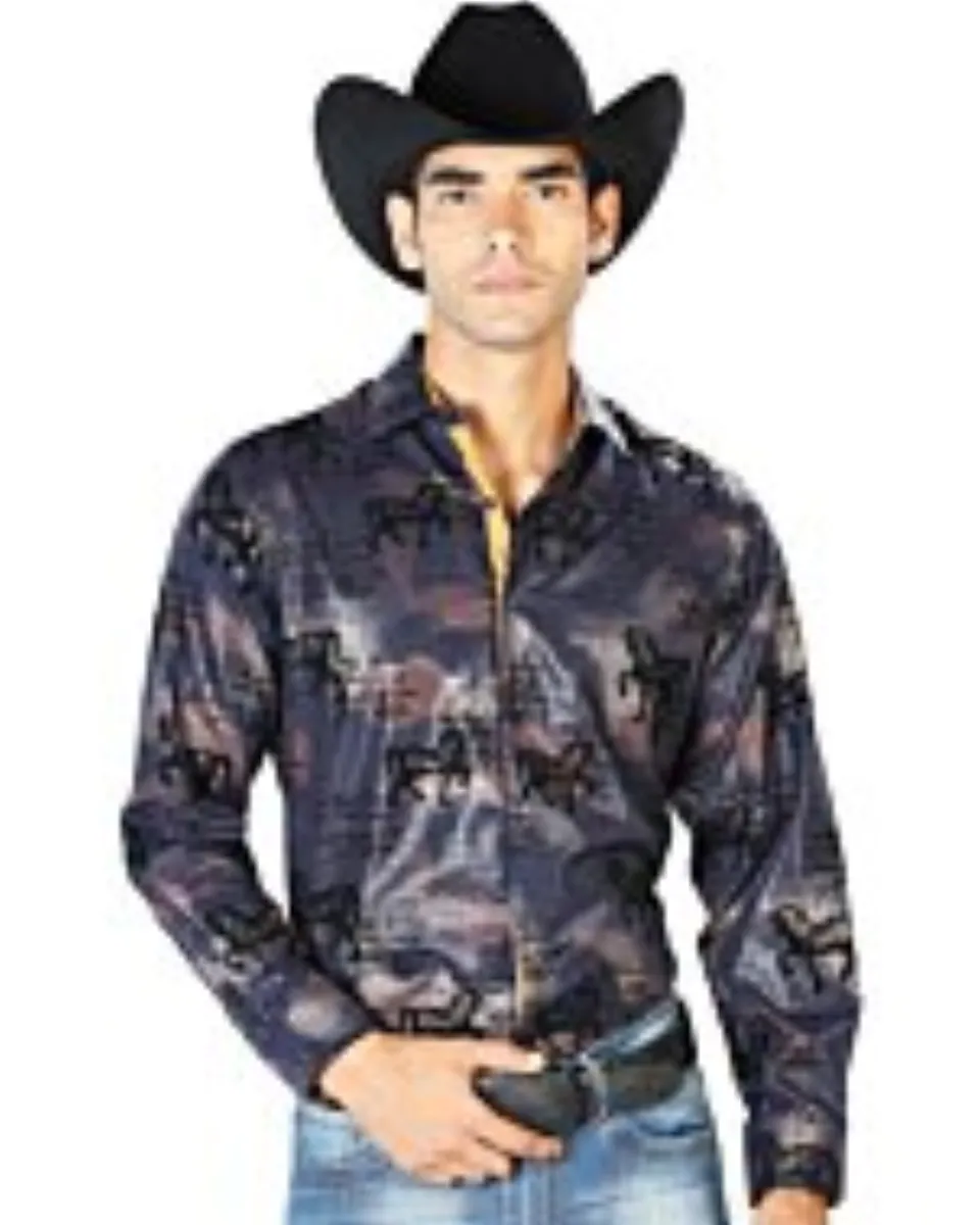 Camisa El Señor De Los Cielos Color Navy 43594 Diseño Con Caballos