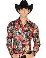Camisa El Señor De Los Cielos 43569 Con Estampado Negro, Rojo y Oro