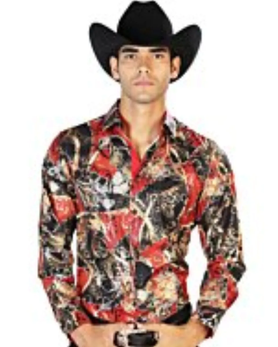 Camisa El Señor De Los Cielos 43569 Con Estampado Negro, Rojo y Oro