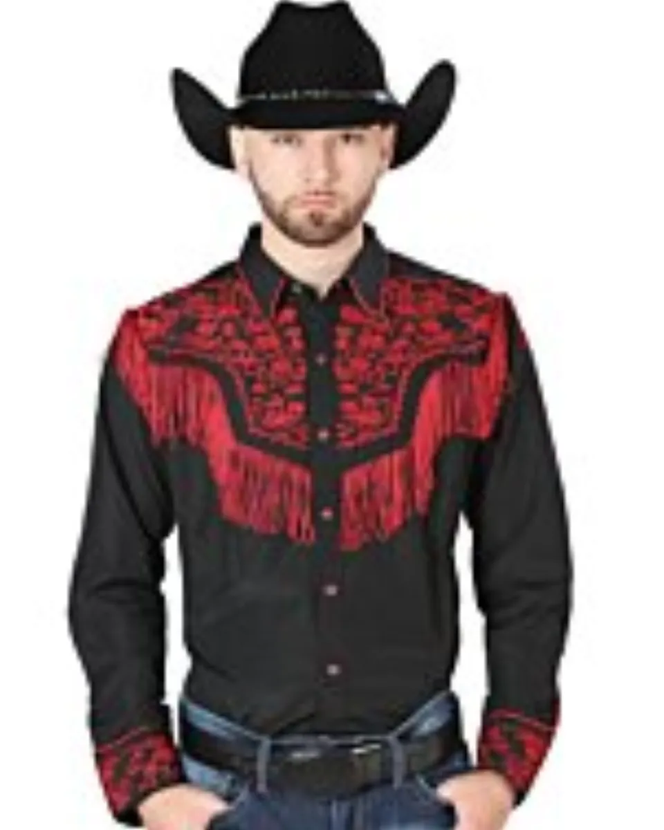 Camisa Vaquera Negra Bordado Y Barbas Rojas 126726