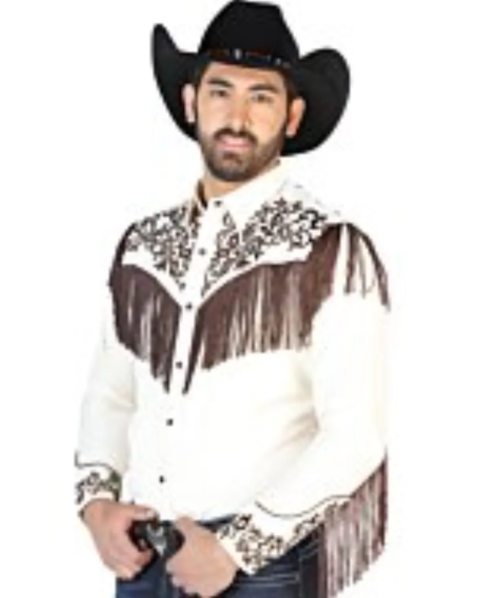 Camisa Vaquera Color Beige Con Bordado Y Barbas Color Café 126700
