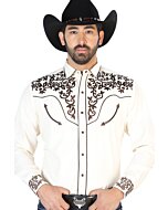 Camisa Vaquera Bordada Beige Con Café 126703