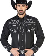 Camisa Negra Bordada Con Diseño De Soga Y Calavera De Toro Cuernos Largos 126711