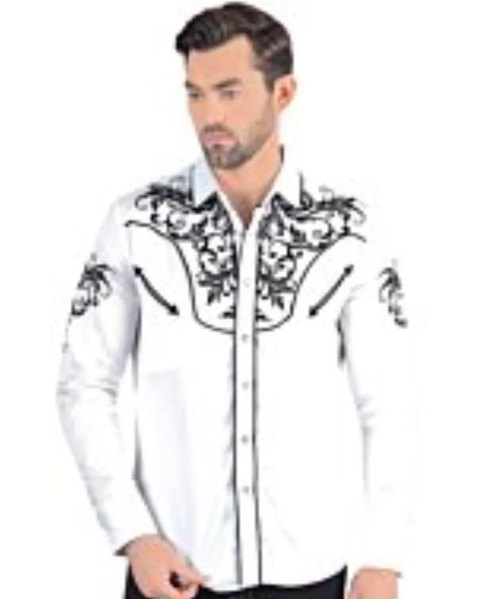 Men's White Long Sleeve Western Shirt with Black Embroidery Lam 2206