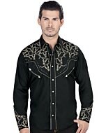 Men's black western shirt with gold embroidery, snap buttons, and a classic cowboy style by El General.