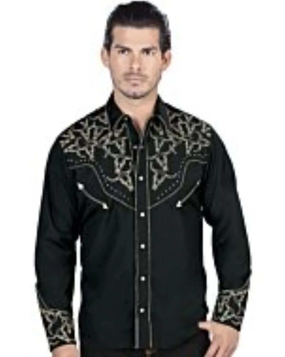 Camisa vaquera negra para caballero con bordado dorado, botones de broche y estilo cowboy clásico de El General.