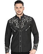 Men's black western shirt with silver embroidery, snap buttons, and a classic cowboy design by El General.