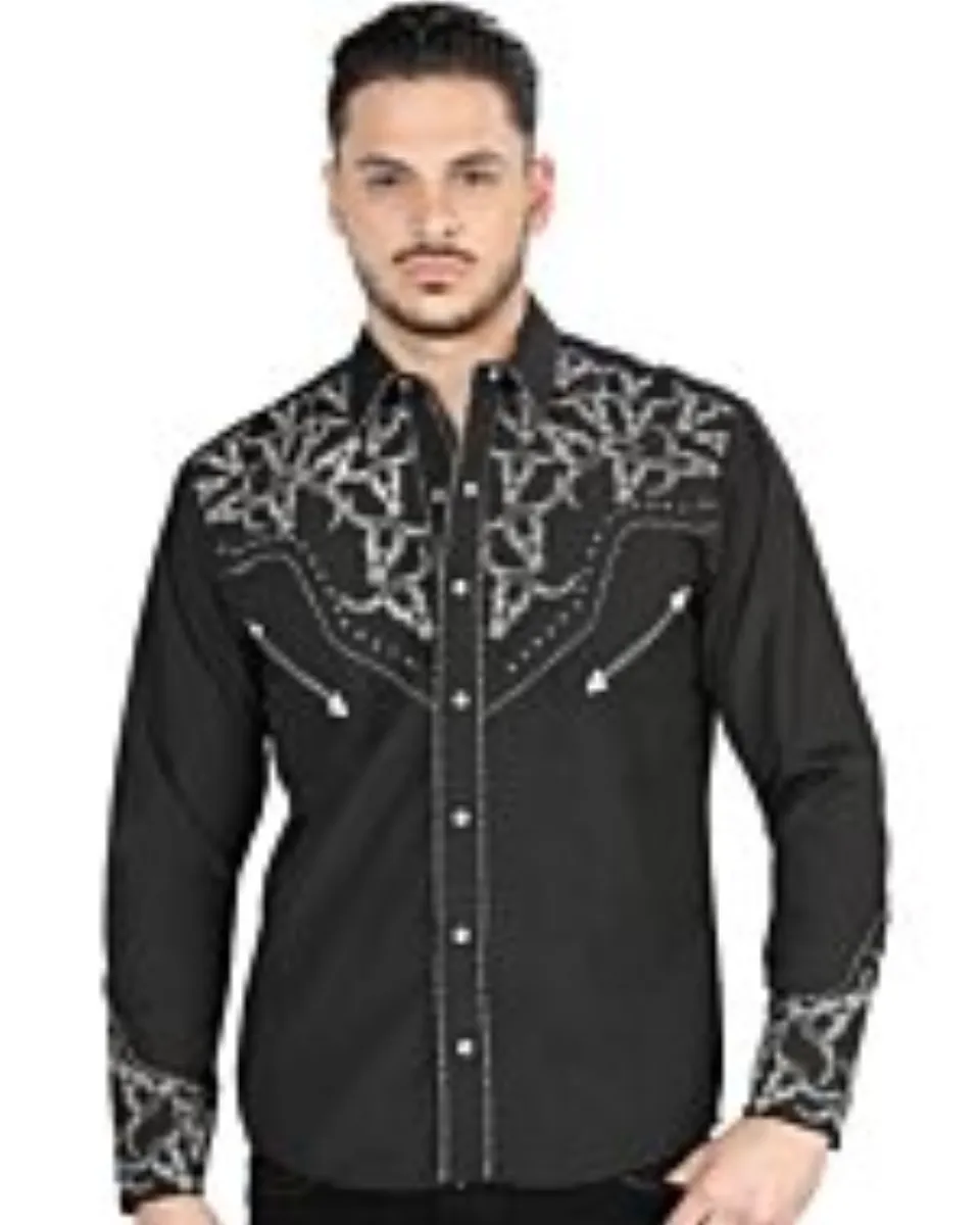 Camisa vaquera negra para caballero con bordado plateado, botones de broche y estilo cowboy clásico de El General.