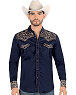 Montero 3542 men's navy blue long sleeve Western shirt with gold embroidery and snap buttons