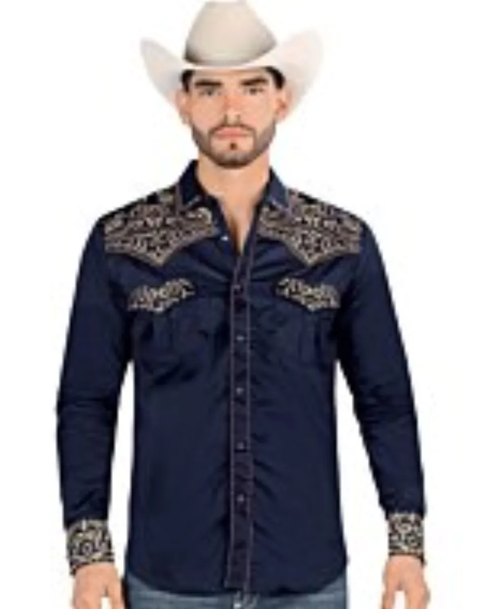 Montero 3542 men's navy blue long sleeve Western shirt with gold embroidery and snap buttons