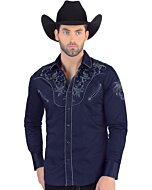 Camisa Vaquera de Hombre Lamasini 2206 de Manga Larga Azul Marino con Bordado - vista frontal.