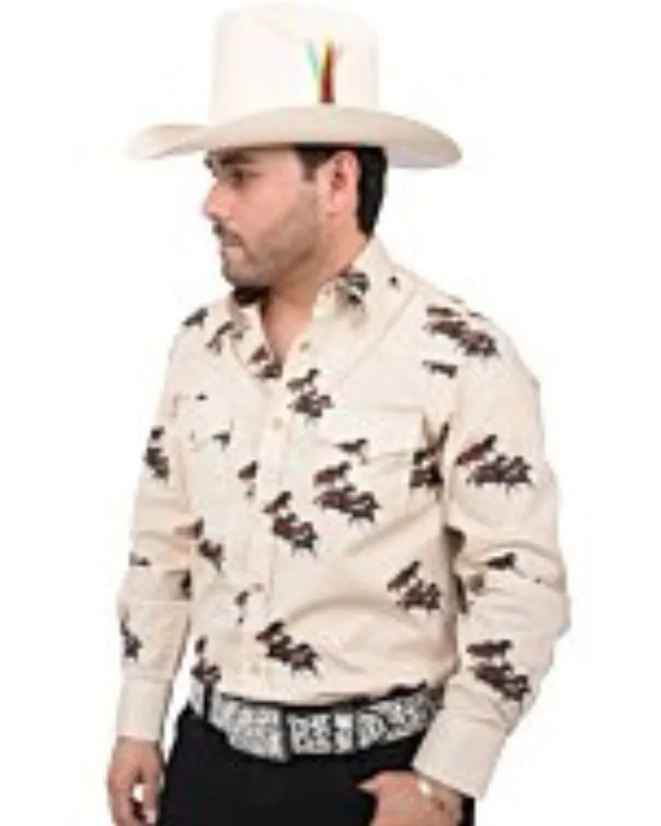 Camisa Vaquera Beige Con Estampado De Caballos WD 11-882