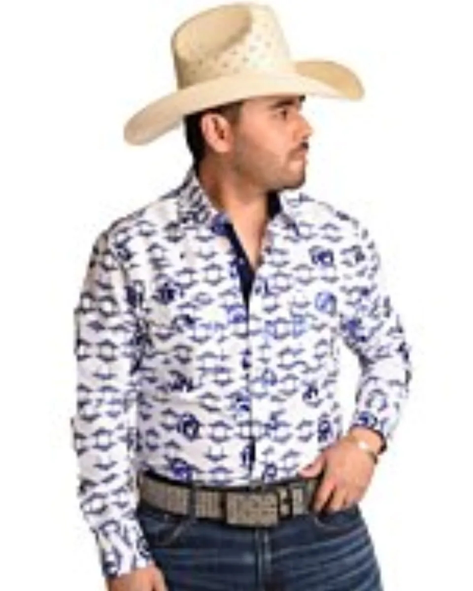 Camisa Vaquera Azul Estampado De Herraduras y Cabezas De Caballos WD 11-891