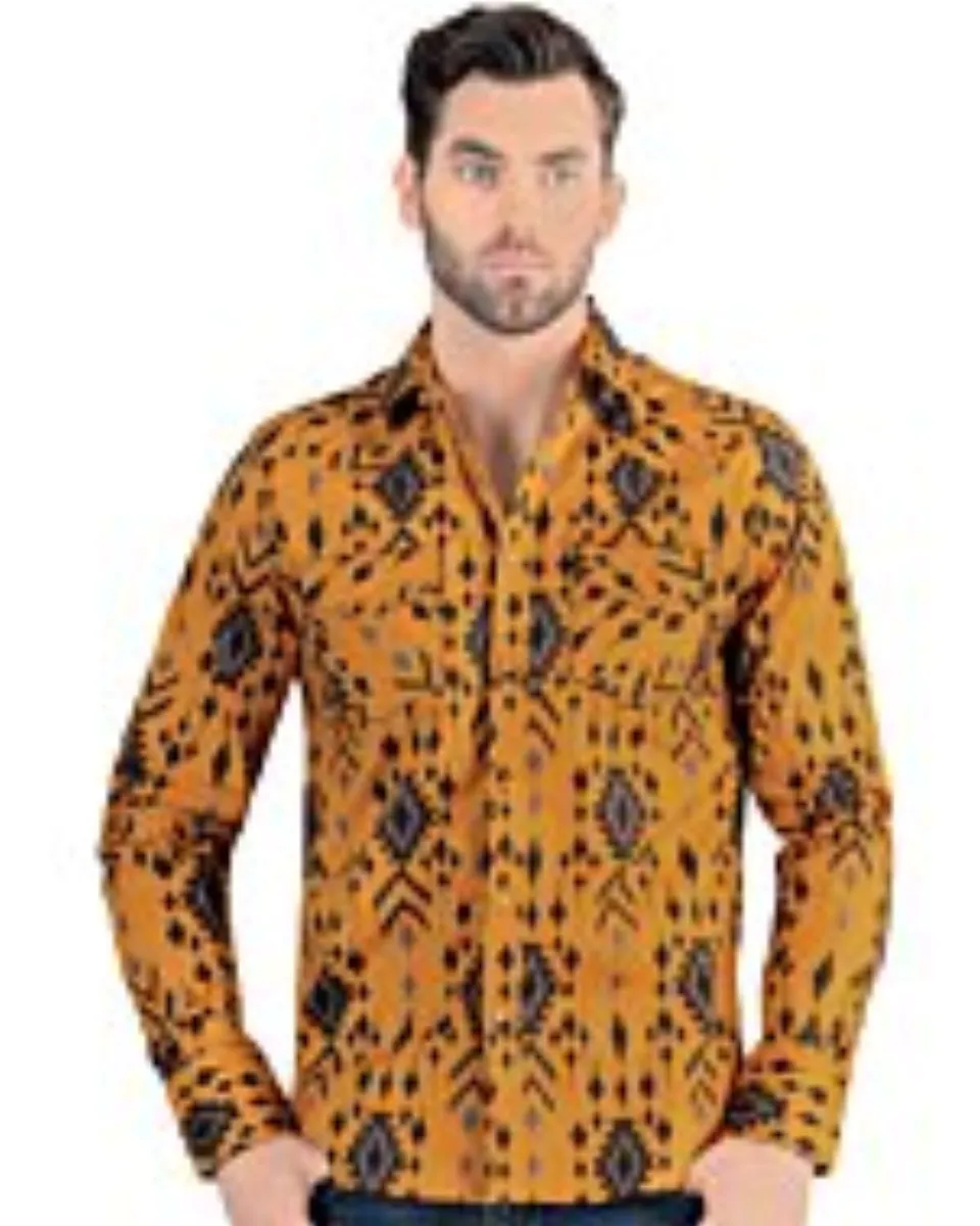Vista frontal de la Camisa de Manga Larga Color Camel con Patrón Tribal para Hombre Lamasini 0105.